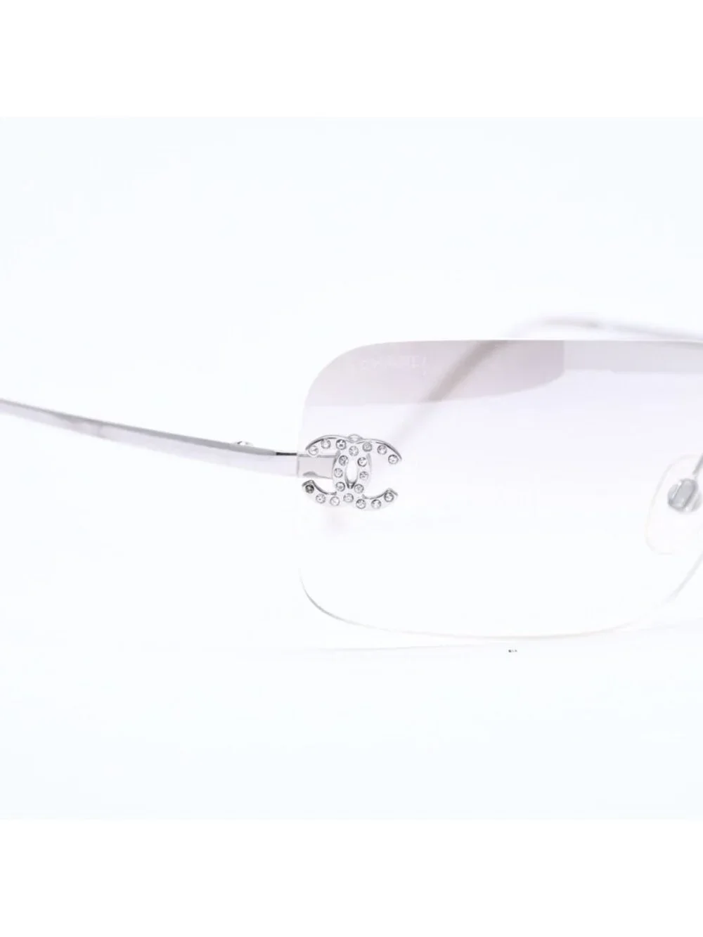 Chanel Rimless Sunglasses CC Logo Rhinestone Gray Gradation Lens Silver Eyewear